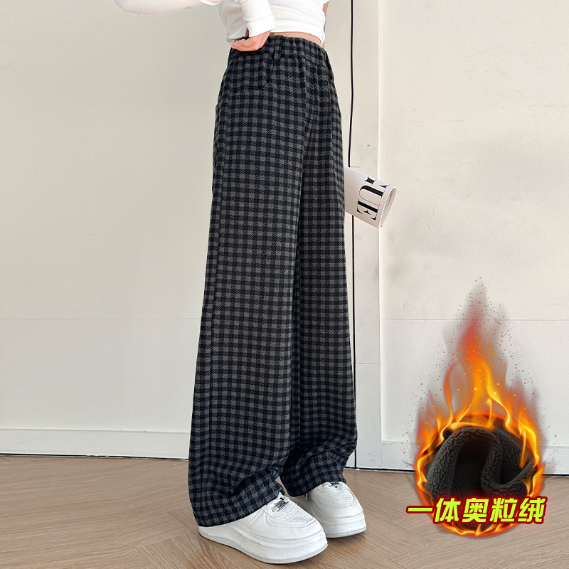 女童加绒裤子2025新款秋冬季加厚大儿童格子裤女孩窄版直筒阔腿裤