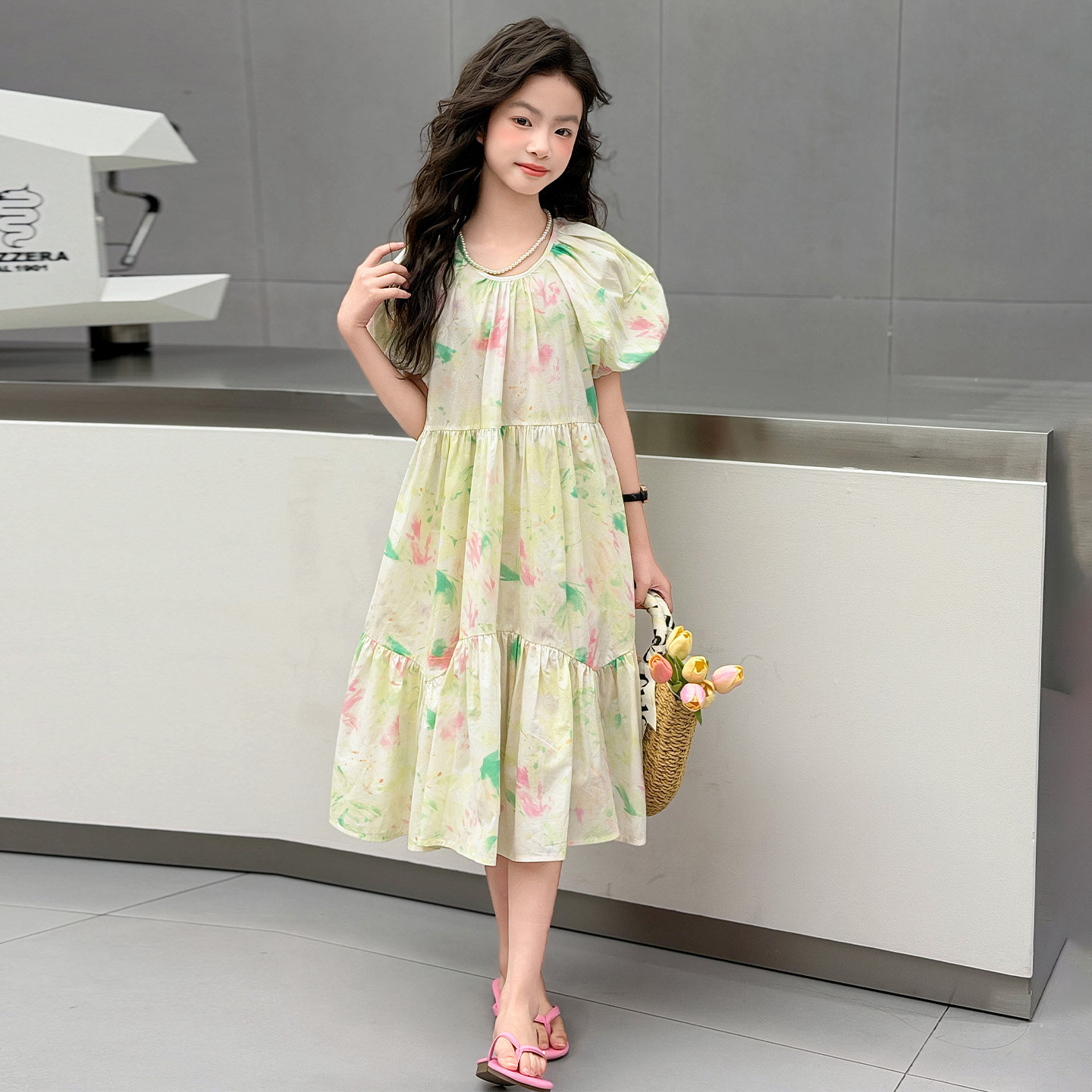 女童连衣裙夏季薄款儿童裙子女孩碎花裙泡泡袖短袖棉布裙2026新款