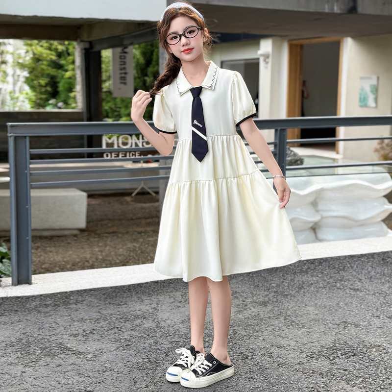 女童夏连衣裙2025新款夏季薄款学院风儿童裙子女孩短袖雪纺连衣裙