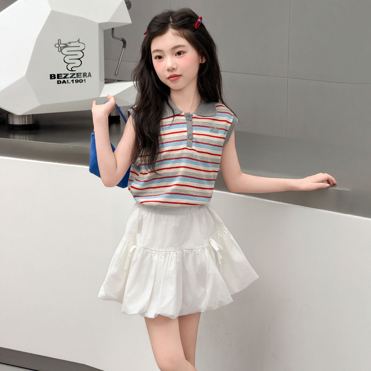 女童夏套装2026新款儿童衣服女孩条纹T恤白裙子短袖两件套中大童