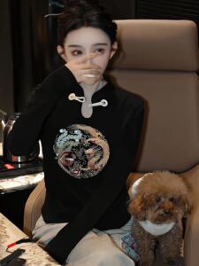 新中式国风重工刺绣盘扣旗袍领T恤女春设计感小众不撞款内搭上衣