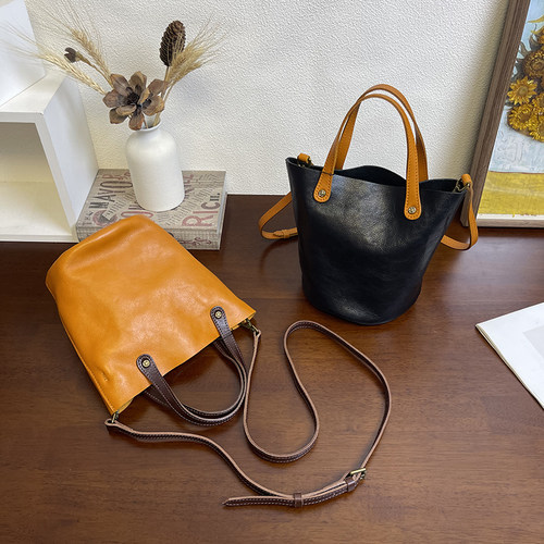 MrFu复古植鞣牛皮小水桶包