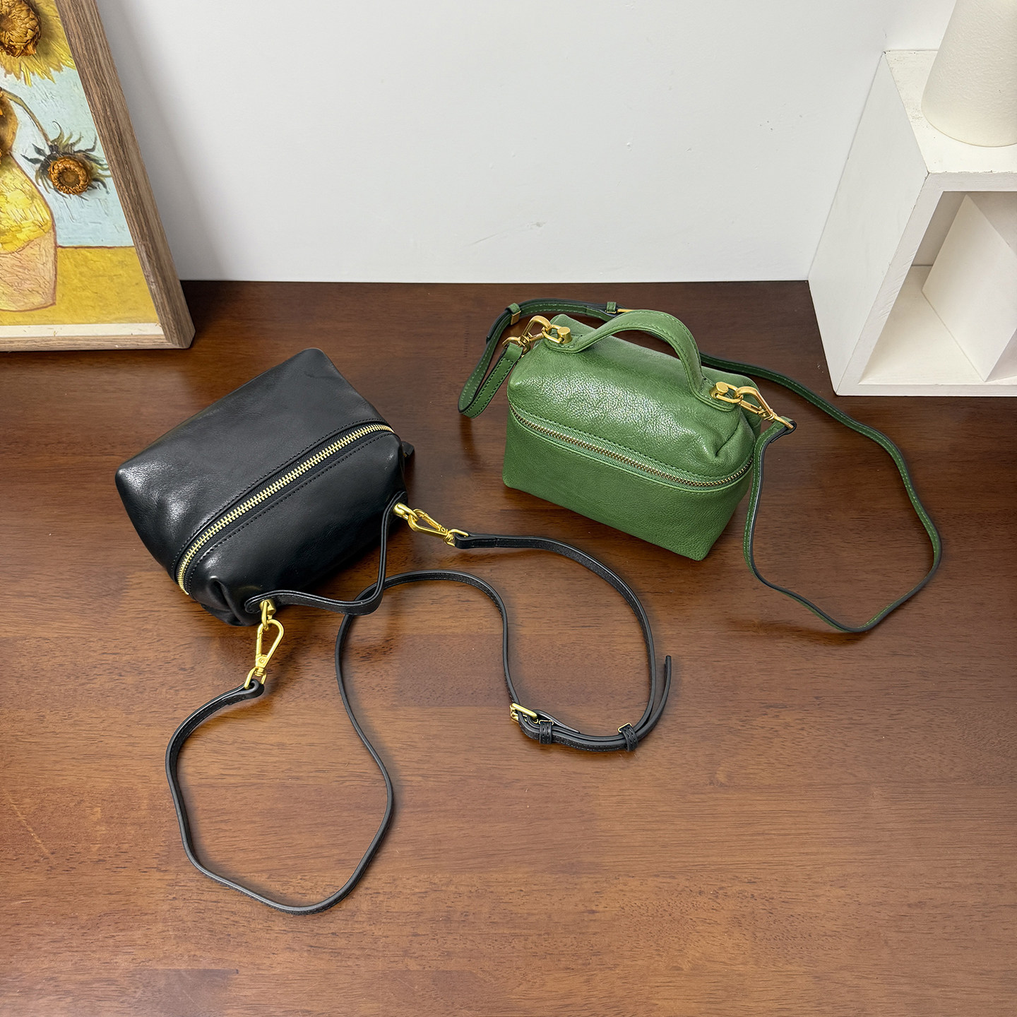 MrFu头层牛皮化妆包单肩斜挎手提盒子包纯色柔软收纳包迷你时尚包