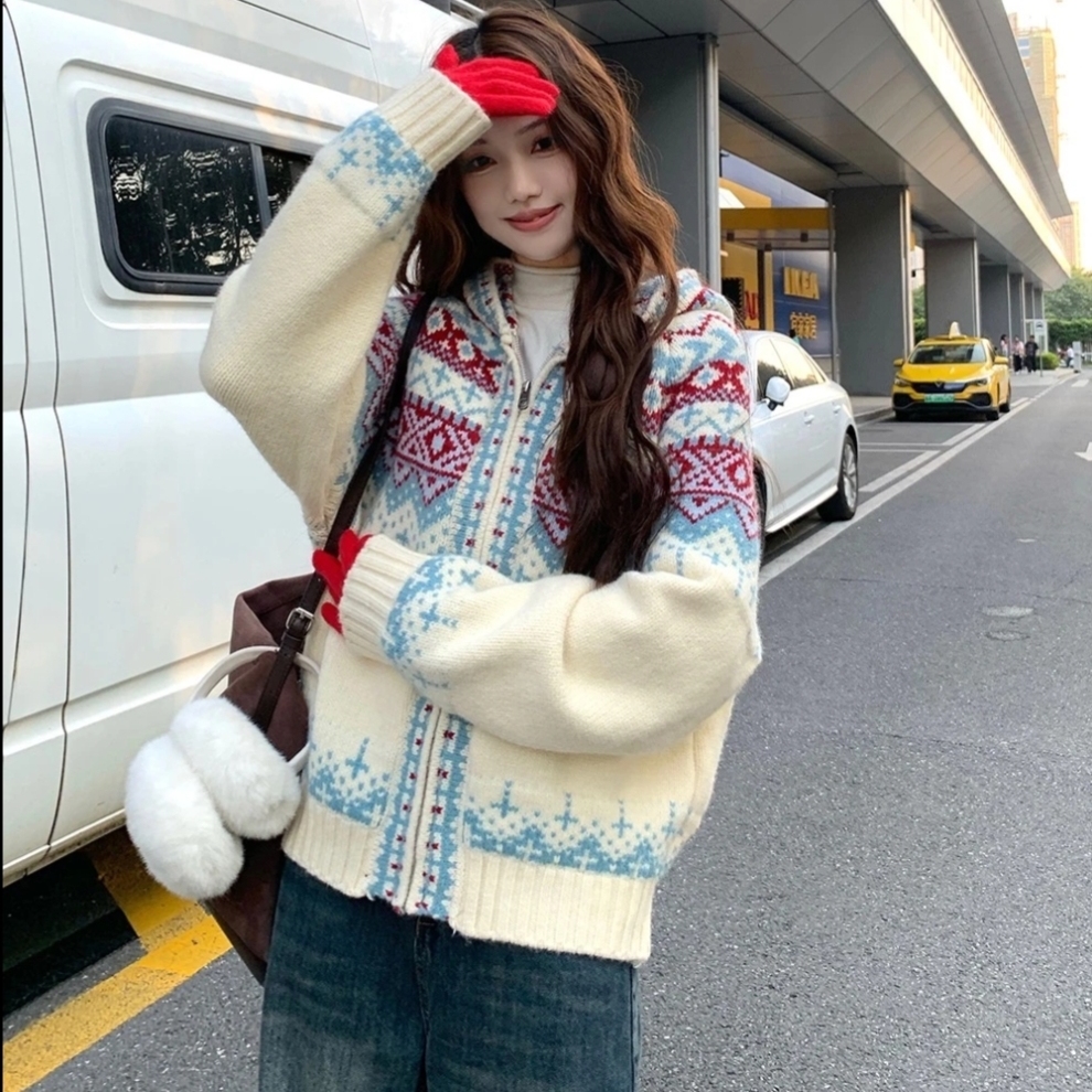 费尔岛毛衣针织开衫外套女米色毛衫加厚宽松长袖圣诞连帽外套秋冬