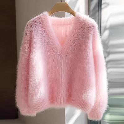 粉色V领加厚毛衣柔软风
