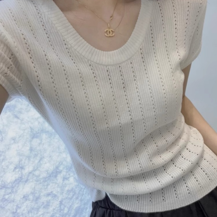 冰丝U领针织衫短袖女2025夏季