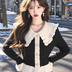 2025秋季 气质娃娃领高级气质超好看百搭显瘦减龄黑白撞色毛衣 法式