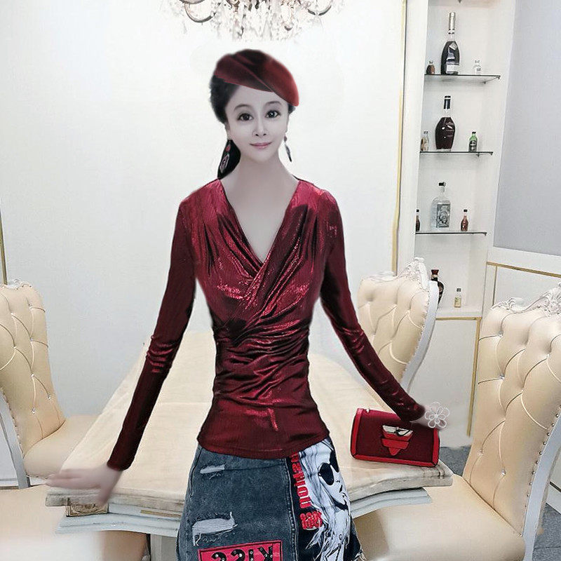 交叉V领打底衫女2023春秋长袖亮丝修身显瘦套头洋气百搭小衫上衣