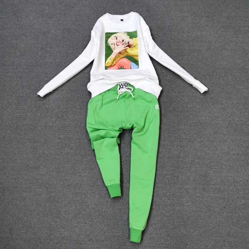 美女减龄宽松卫衣 绿色松紧腰字母休闲束脚裤卫裤套装女早秋新款