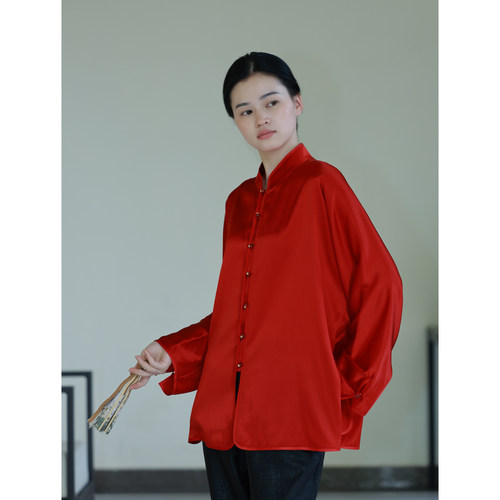 桑蚕丝立领衬衫高级感国风长袖