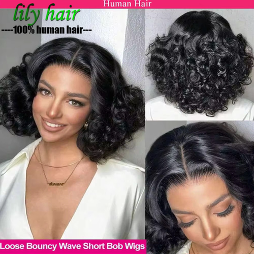 Bouncy Loose 13X4 Lace Human Hair Pixie Wigs 200% Density