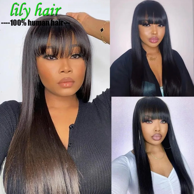 Straight Indian Human Hair 13*4 Lace Frontal Wigs With Bang