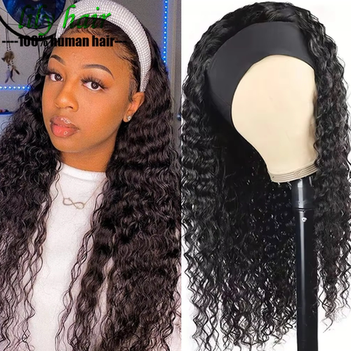 10A Deep Wave Human Hair No Glue Machine Made Headband Wigs