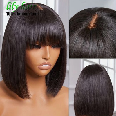 Glueless Straight Peruvian Human Hair 2x1 Lace Bob Bang Wigs