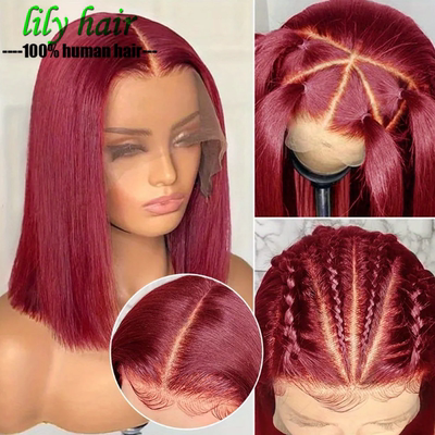 13x4 Lace Frontal Straight 99J Red Short Human Hair Bob Wigs
