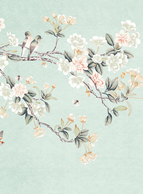 P314高清中国画工笔手绘背景墙装饰设计新中式花鸟电视背景墙素材