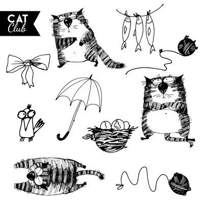 P356矢量喵咪EPS格式黑色线条卡通可爱小动物插图画涂鸦设计素材