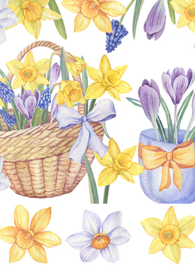 P263高清水彩手绘花卉花篮黄色水仙花PNG免扣图片设计装饰素材