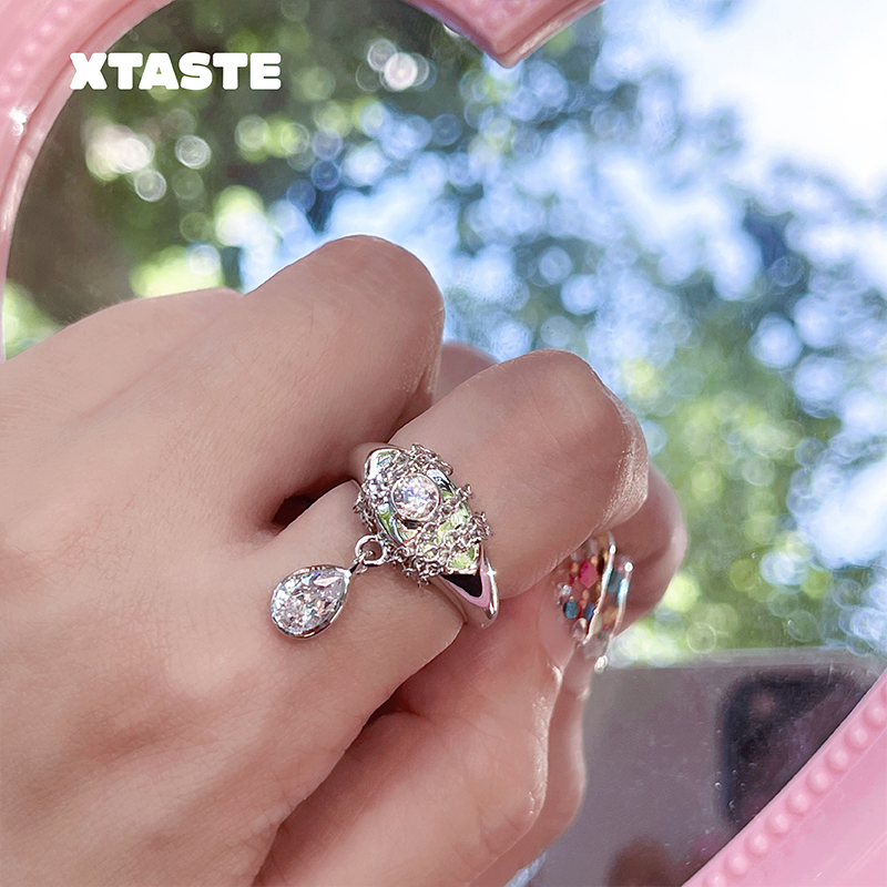 XTASTE REFOUND TEN VIBE银色链条缠绕水滴锆石开口戒指