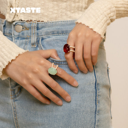 XTASTE 韩国 YLYL复古浮雕人像珍珠戒指小众设计个性女生礼物配饰