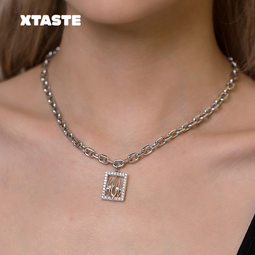 【限时4折】XTASTE REFOUND TEN VIBE 火焰方形镶嵌项链小众设计