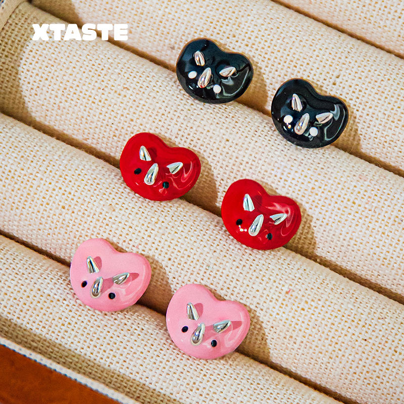 XTASTE FWISH飞未夕 爱心三角龙宝石珐琅耳钉小众设计原创精致