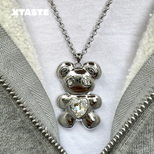 XTASTE KKIDDKI爱心小熊项链镀金原创镶钻高级毛衣链时尚 纯银正品