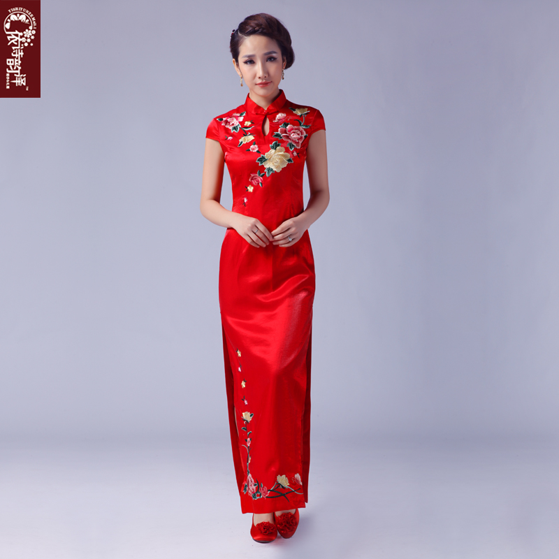 Red long wedding dress for bride, cheongsam, long skirt, 2022, with short sleeve, for catwalk Red long wedding dress for bride, cheongsam, long skirt, 2022, with short sleeve, for catwalk