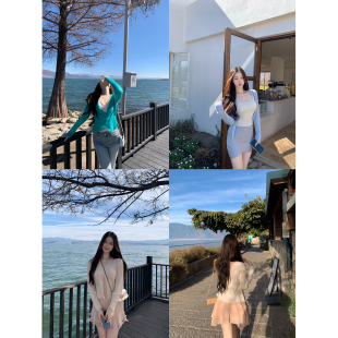 百搭上衣 外搭韩系薄款 ke7en 五色针织烧花镂空工艺收腰针织开衫