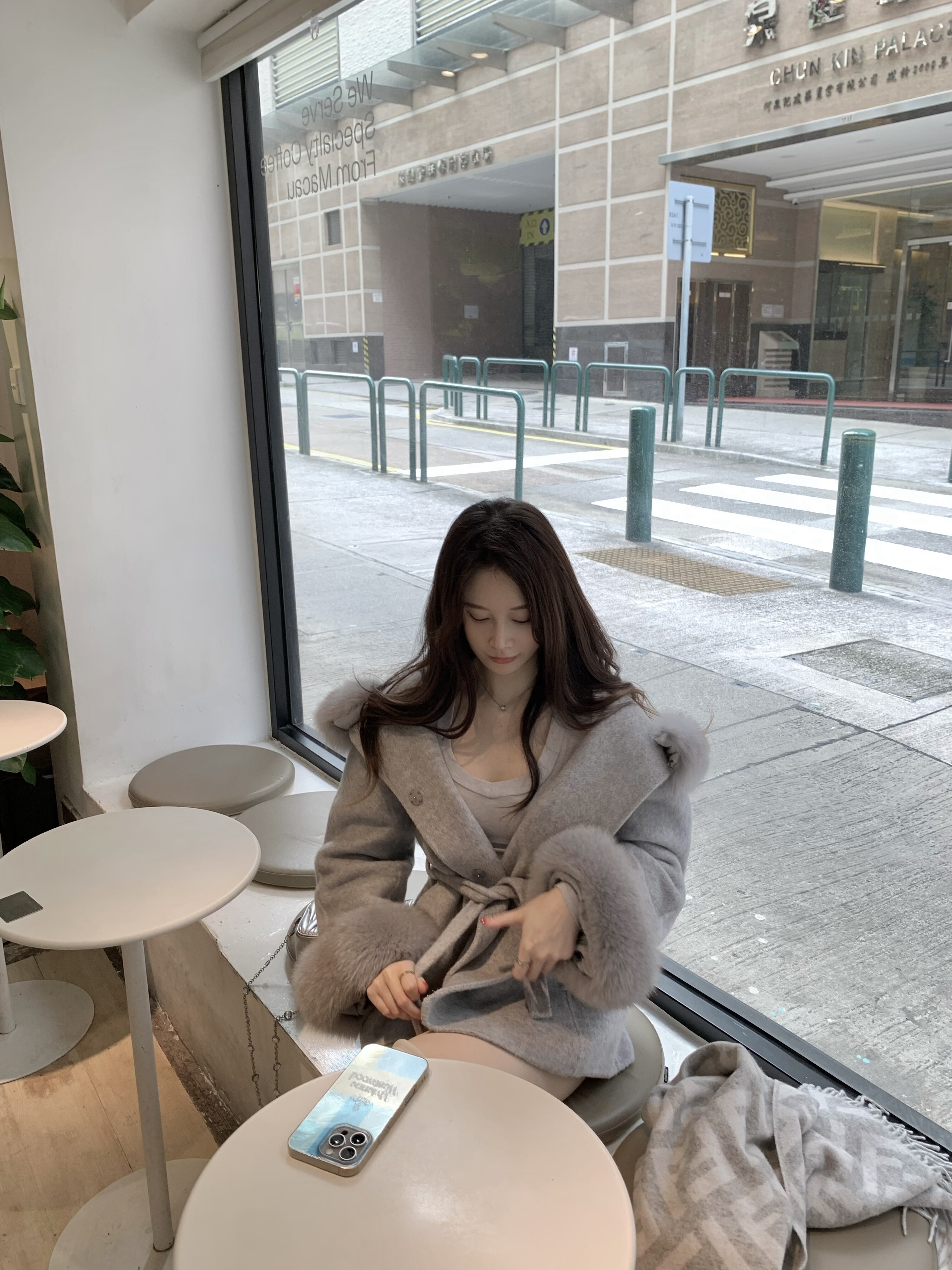 ke7en定染灰蓝色显白大衣狐狸可拆卸毛领中长款腰带大衣