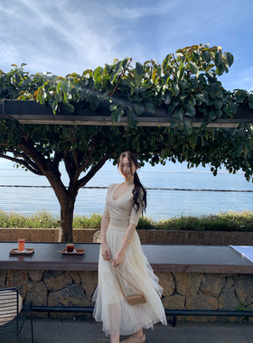 ke7en 缎面拼接腰头剪裁不规则纱裙女不规则裙摆气质芭蕾风半身裙