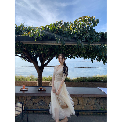 ke7en 缎面拼接腰头剪裁不规则纱裙女不规则裙摆气质芭蕾风半身裙