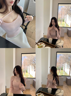 ke7en 韩女纯欲那味桑蚕丝羊毛斜肩设计收腰纯欲打底针织衫上衣