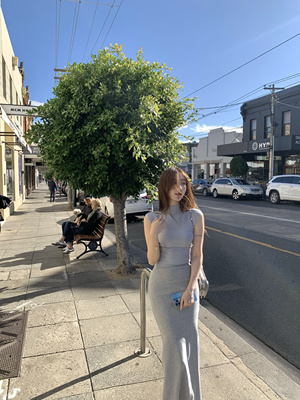 ke7en 灰蓝色镂空针织无袖半高领上衣