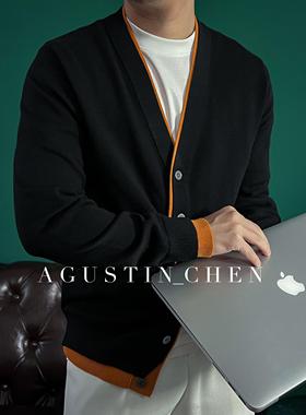 Agustin_Chen秋冬澳洲羊毛混纺毛衫外套撞色双色门襟老钱毛织开衫