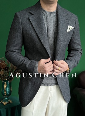 Agustin_Chen秋冬人字纹【绵羊毛】粗纺西服平驳领单排扣加厚西装