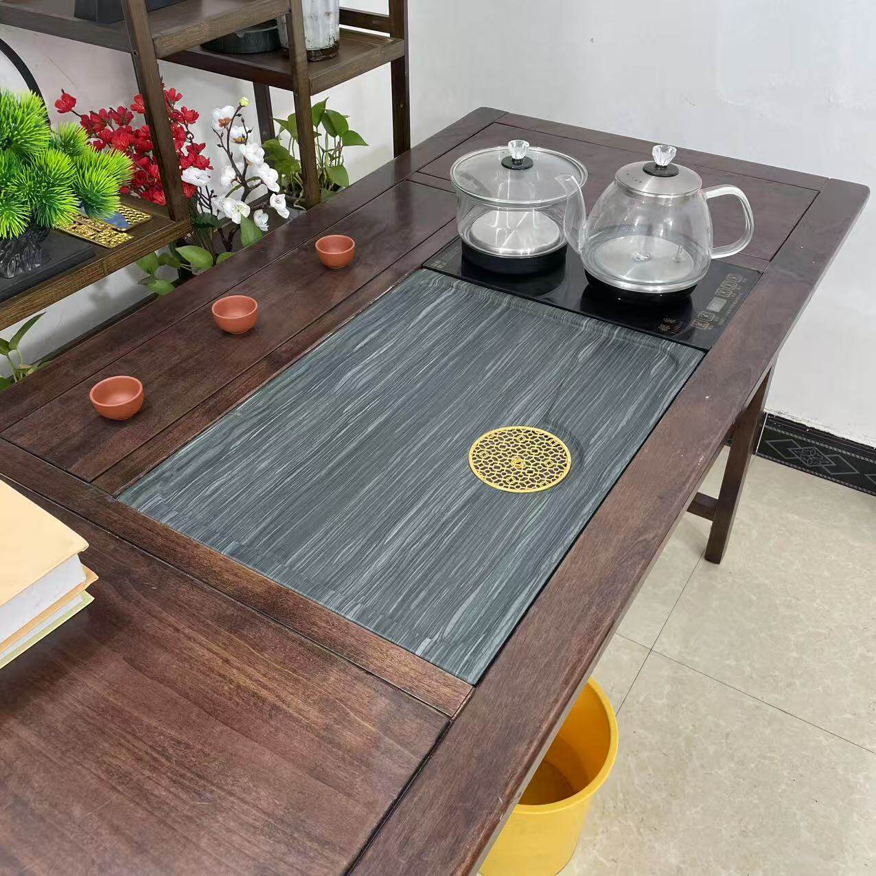 纯天然木纹石整块原石嵌入式茶盘