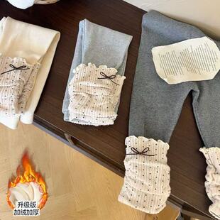 女童秋冬装一体加绒打底裤新款2025波点堆堆裤弹力宝宝保暖长裤子