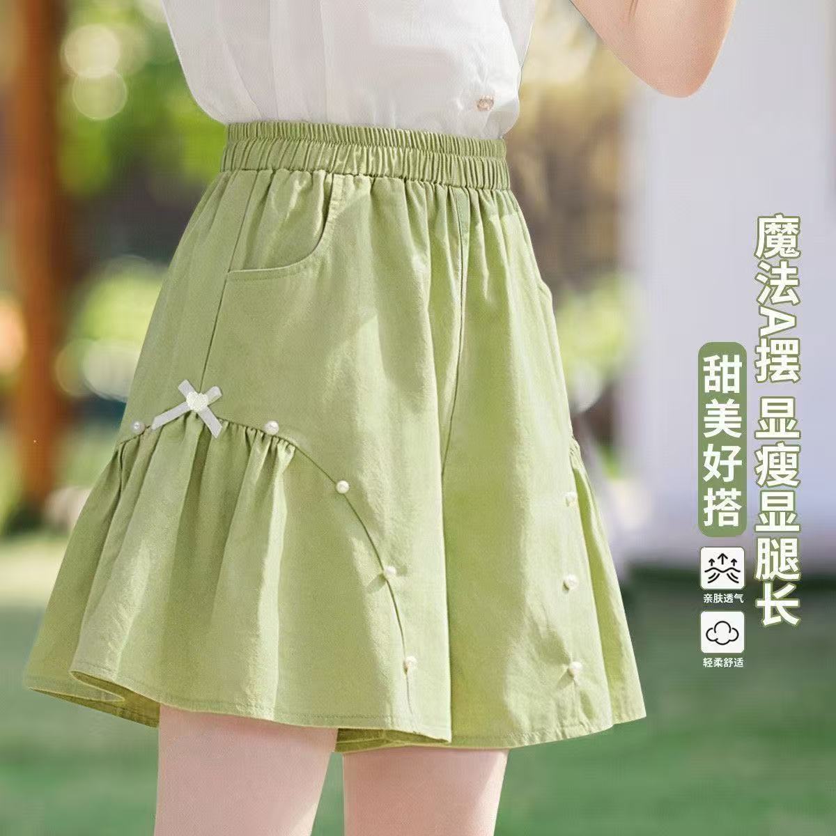 女童绿色系带短裤休闲2026夏装新款洋气儿童纯色裤子女孩阔腿裤