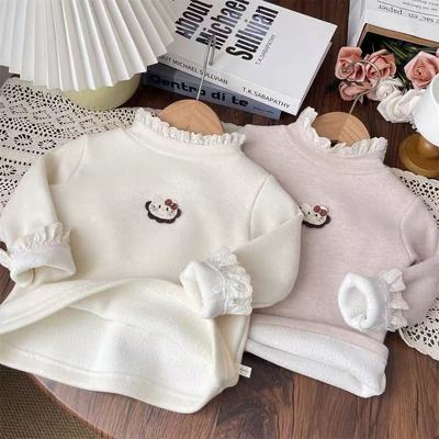 秋冬女宝蕾丝花边半高领一体绒打底衫宝宝加绒内搭儿童保暖上衣女