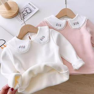 加厚加绒秋冬装洋气一体绒女宝宝韩系蕾丝花边高领外穿可爱上衣棉