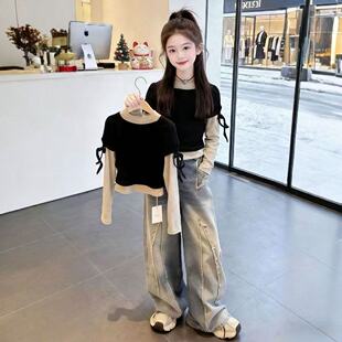 女童长袖t恤春秋季2026新款儿童假两件上衣女中大童简约打底T恤潮