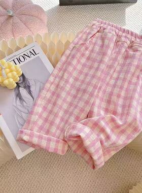 新款女童2025格子裤子夏季外穿薄款透气夏天儿童直筒阔腿裤防蚊裤