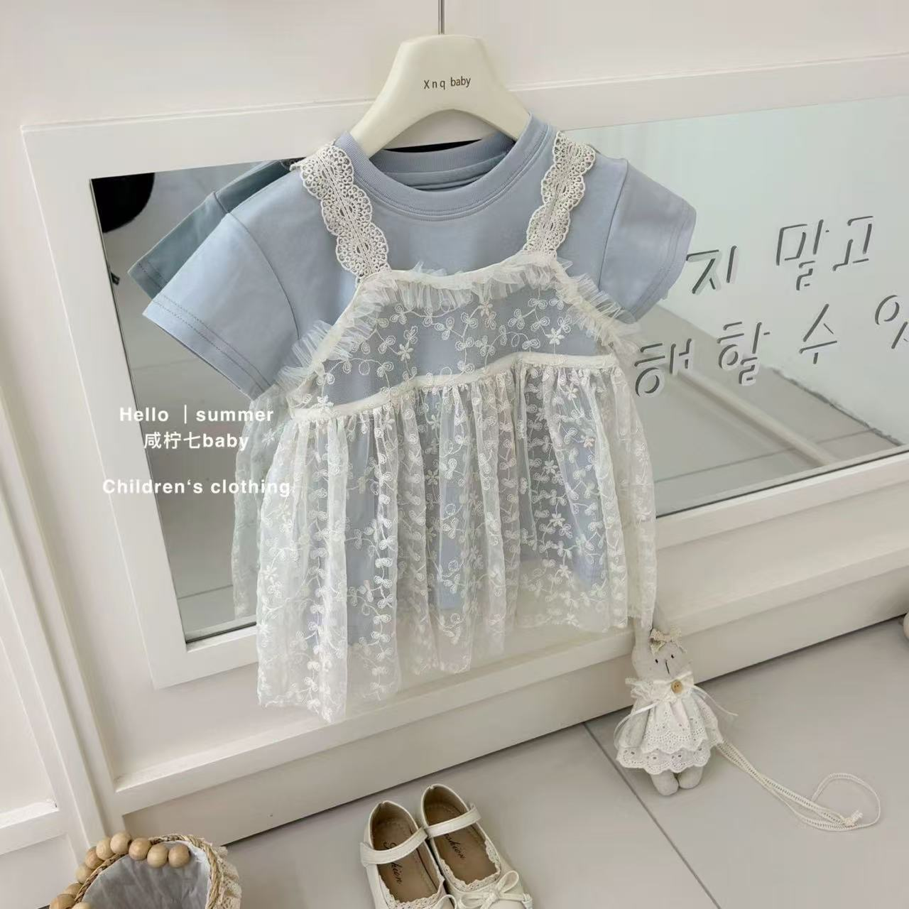 2025夏季新品韩式童装纯棉洋气蕾丝吊带罩衫款女童连衣裙两件套潮