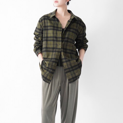 PAN纯棉水洗色织格子复古老钱风长袖衬衫春季新款休闲衬衣外套