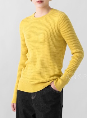 PANS秋季新款鹅黄色圆领纽花针织衫舒适精棉秋冬内搭外穿毛衣