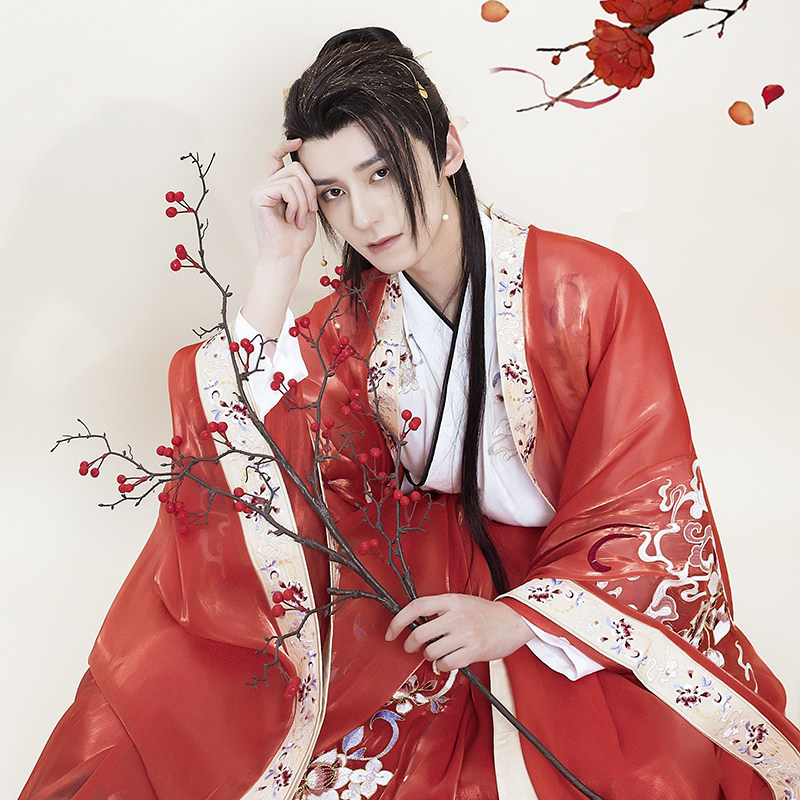 MO QIANYAN [KUI MULANG]  HANFU 남성 오리지널 디자인 자수 크로스 칼라 6미터 스커트 대형 소매 셔츠 정장
