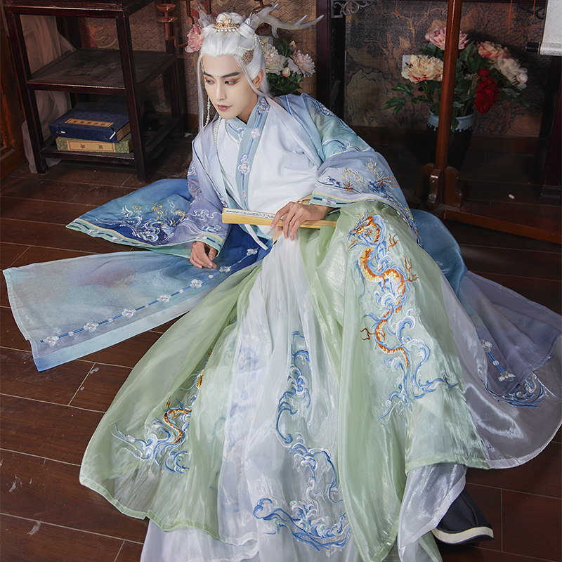 MO QIANYAN [LONG YIN] 남성과 여성을위한  오리지널 HANFU 중공업 자수 크로스 칼라 스커트 찢어진 스커트 JIN MADE 큰 소매 셔츠