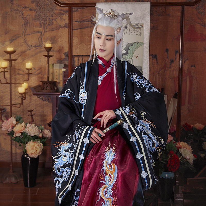 MO QIANYAN [LONG YIN] 남성과 여성을위한  오리지널 HANFU 중공업 자수 크로스 칼라 스커트 찢어진 스커트 JIN MADE 큰 소매 셔츠