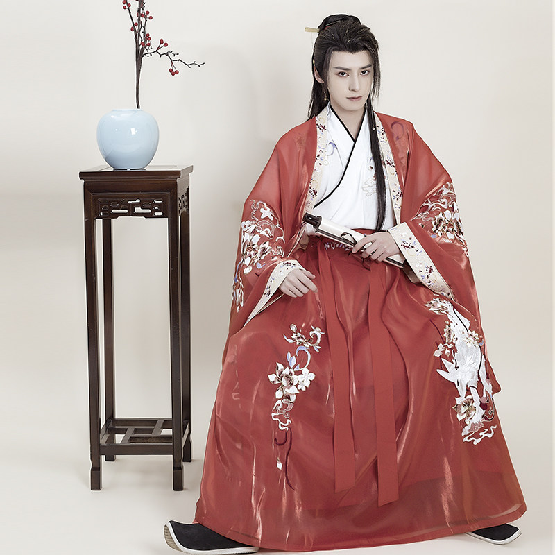 MO QIANYAN [KUI MULANG]  HANFU 남성 오리지널 디자인 자수 크로스 칼라 6미터 스커트 대형 소매 셔츠 정장